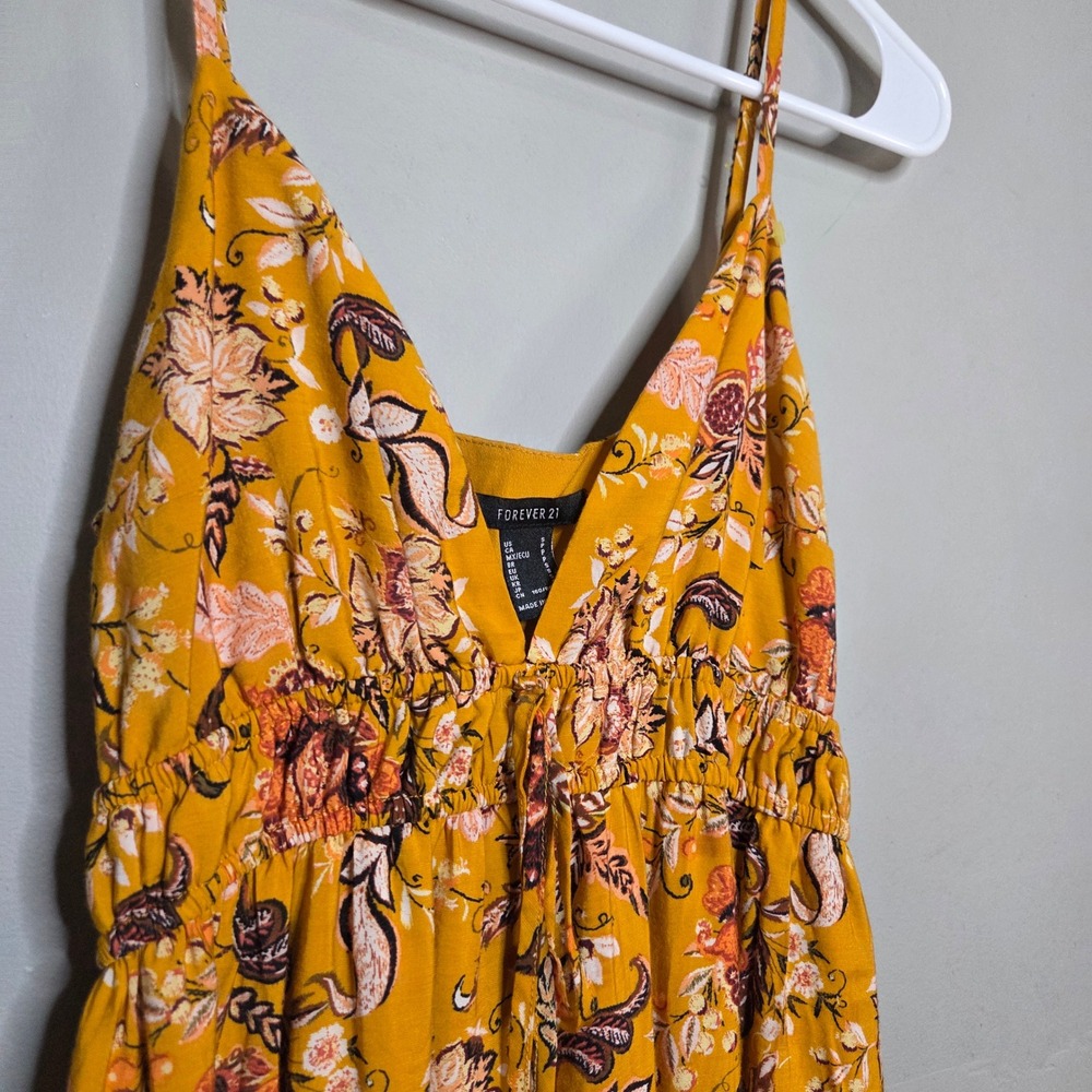Cottagecore Forever 21 Floral Maxi Dress Womens Small Mustard Yellow Boho V-Neck